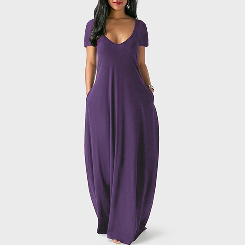 Picture of 2021 Europe and the United States summer cross-border foreign trade new plus size women's solid color dress sexy deep V short sleeve dress
