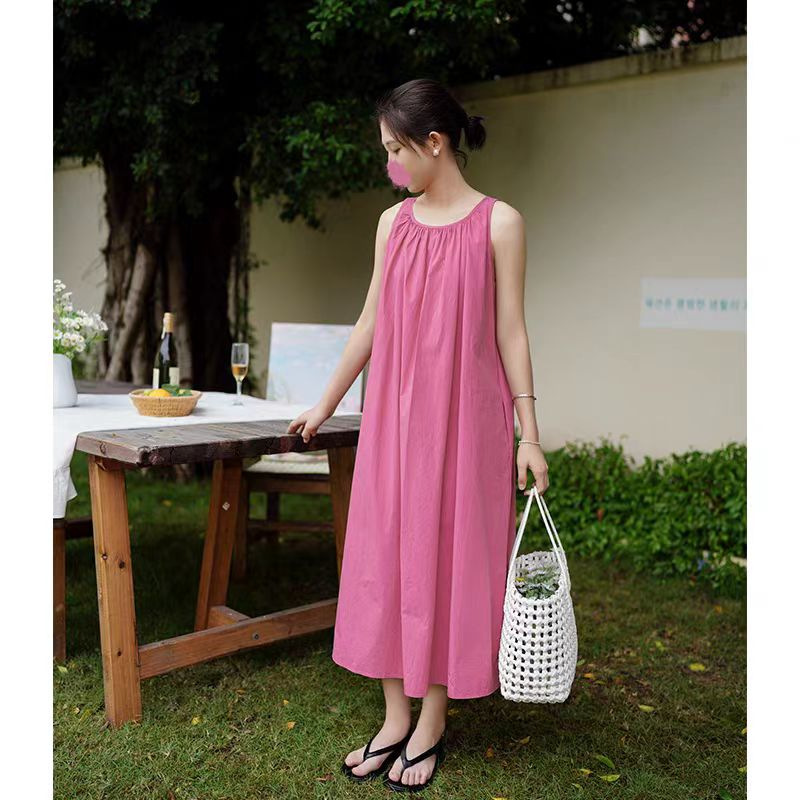 Simple elegant raspberry red vest dress women's summer New loose sleeveless casual seaside holiday midi dress