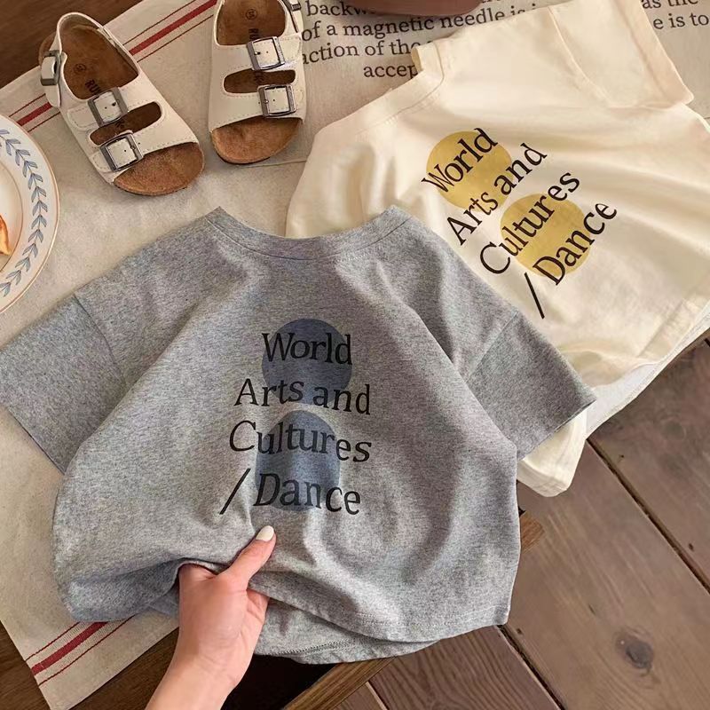 Summer Korean Style Kidsren's Style Letters for Boys and Girls Pure Cotton Round Neck Short-Sleeved Loose T-Shirt Tops Trendy Bottoming Shirts