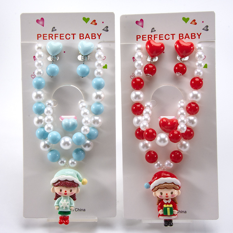 Cartoon Kidsren's Jewelry Necklace Bracelet Ear Clip Ring Christmas Style Christmas Girl Snowman Tree Jewelry Kidsren's Handmade
