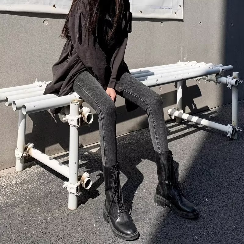 Gray jeans for women Spring and Autumn 2023 new high waist slimming slim fit pencil cropped long pants fashion