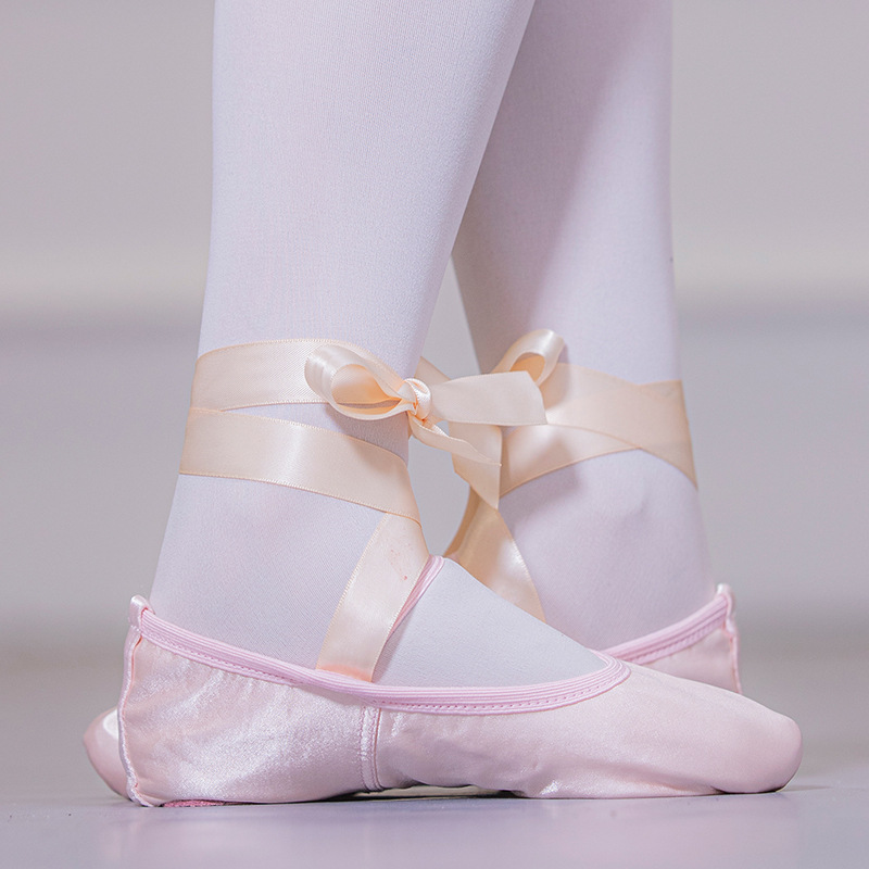 Picture of Ribbon ballet shoes toe indoor yoga practice shoes lace-up body shoes adult satin dance soft bottom two soles