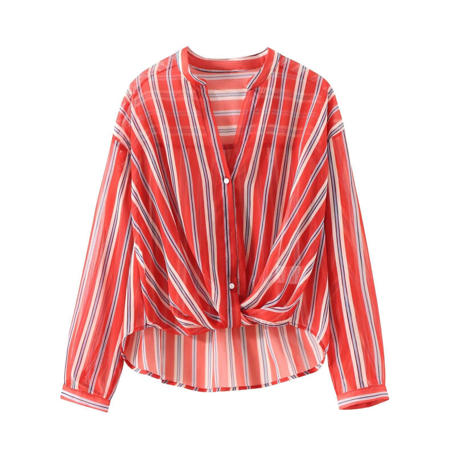 European and American Cross-border Women's 2024 Summer V-neck Knot Cardigan Striped Translucent Contrast Long-sleeved Shirt K71245