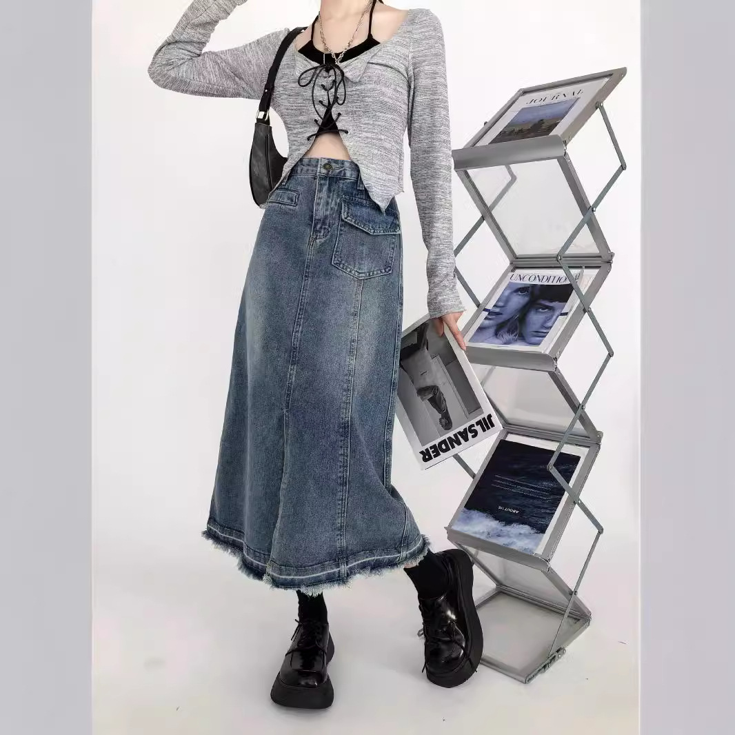 Rouge High Waist Denim Skirt Women's Spring and Autumn 2024 New Loose Slimming Design Split A- Line Mid-Length Skirt