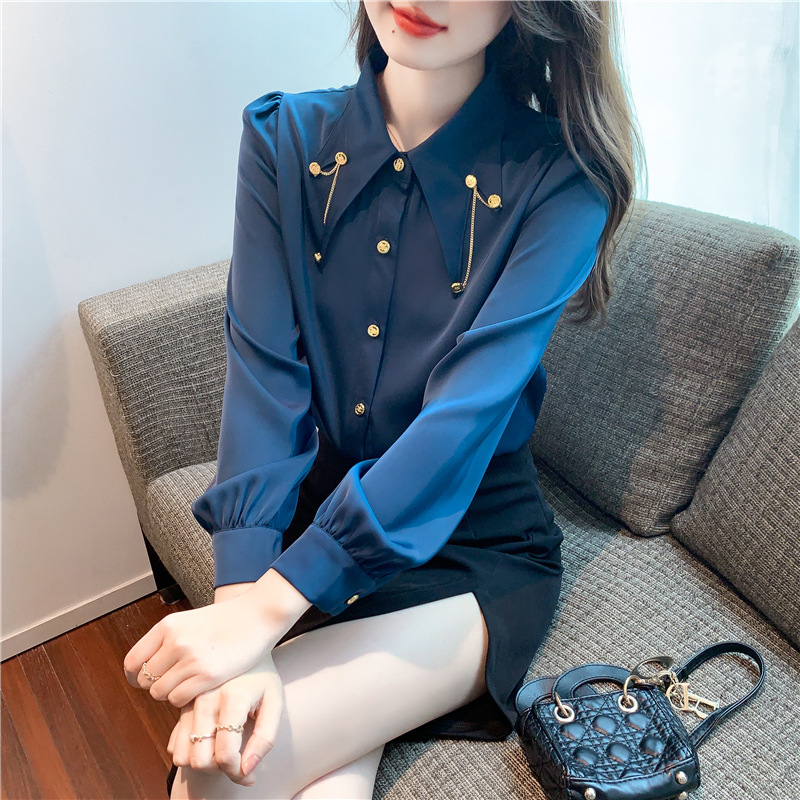 French Style Pointed Collar Shirt for Women 2024 Autumn New Style Chiffon Shirt Fashionable Chain Splicing Top