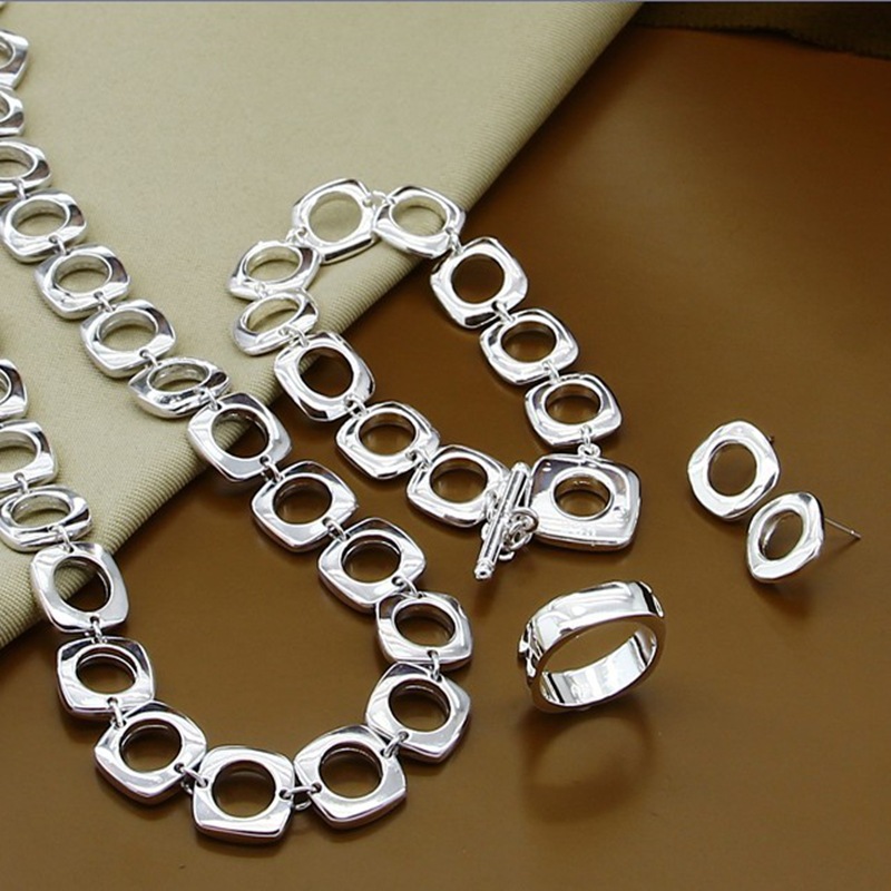 Foreign trade jewelry copper silver plated fashion full square necklace earrings ring suit Europe and the United States hot in stock wholesale