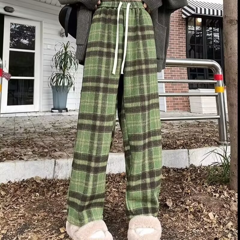 New avocado green Scottish Prellis Pants for Men and Women Couple Niche Design American Style Retro Casual Pants Straight Leg Pants