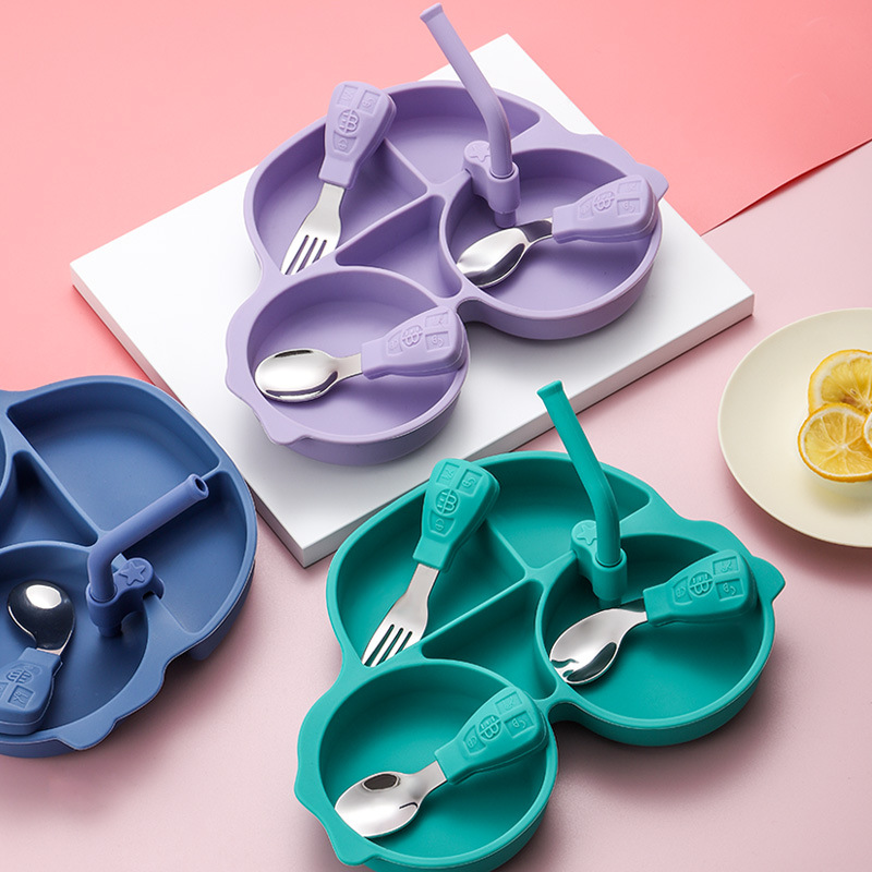 Picture of Amazon Cartoon Children's Car Silicone Dinner Plate 304 Stainless Steel Spoon Fork Gift Baby Learning Dining Tableware Set