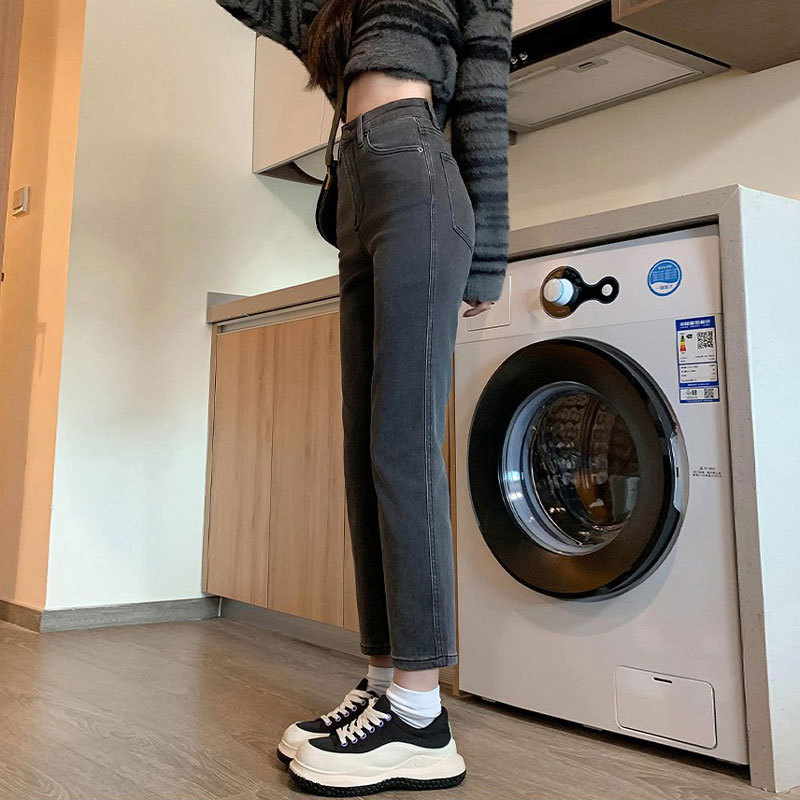 Picture of Black gray jeans women's net red autumn and winter stretch high waist straight pants all-match slim fit cropped smoke tube French stick pants