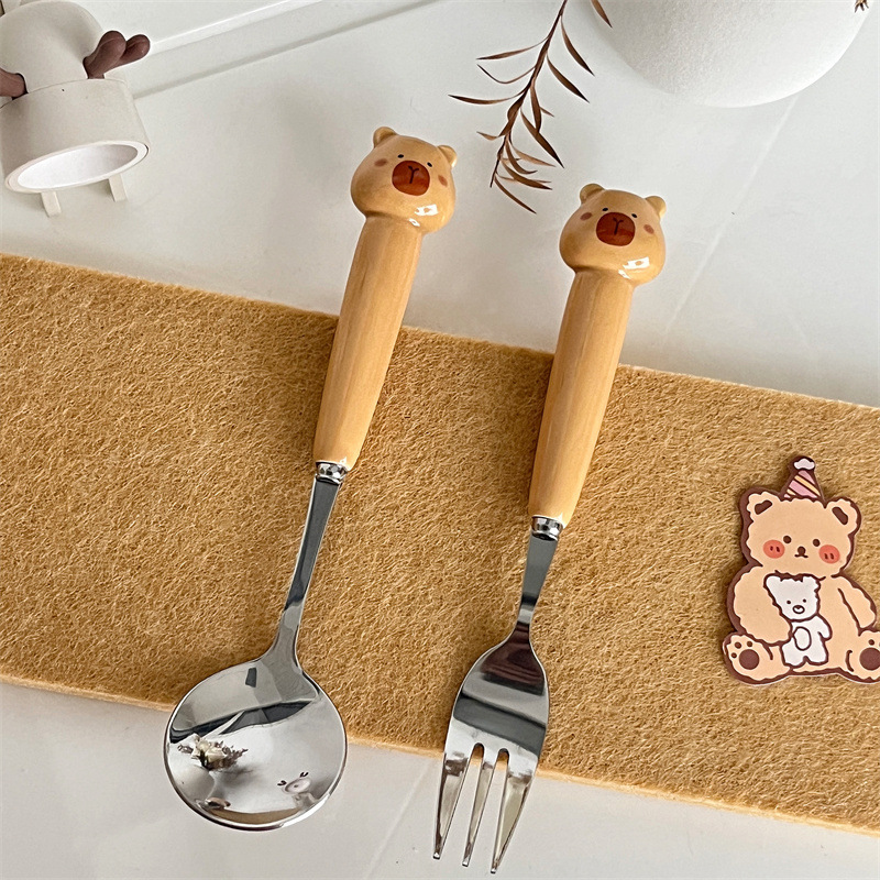 Picture of Ceramic Handle Cute Cartoon Skin Spoon Chopsticks suit Portable Tableware Cartoon Spoon Fork for Students