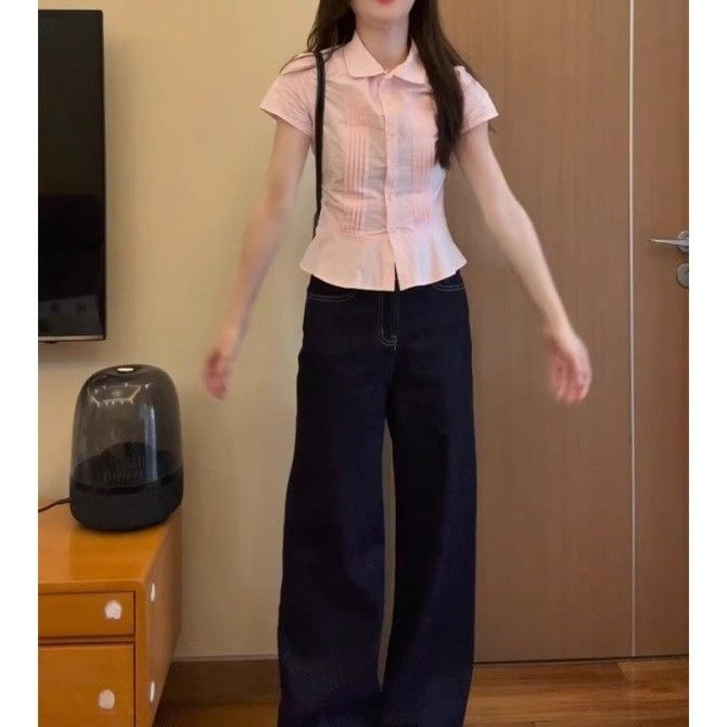 Picture of Korean Sweet Pink Short-Sleeved Shirt for Women Summer 2025 New Loose Casual Waist Versatile Small Flying Sleeve Top