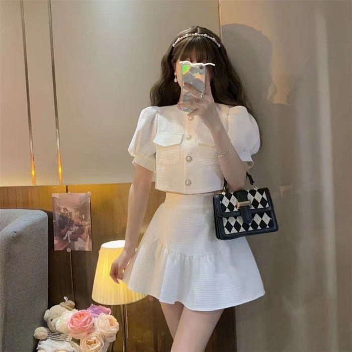 Picture of Elegant socialite Chanel style puff sleeve bow shirt top high waist pleated skirt two-piece suit for women Summer
