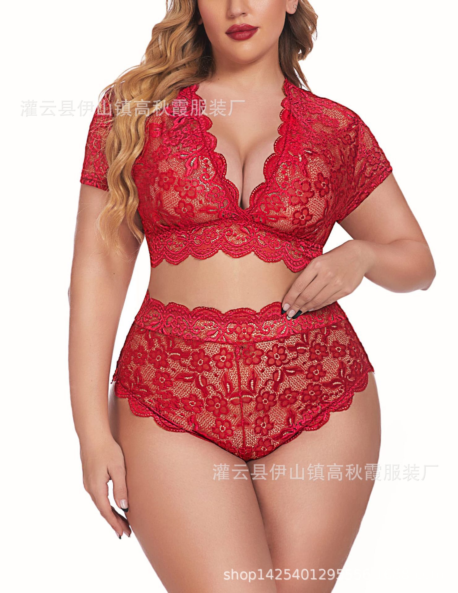 Picture of Sexy Underwear European and American Large Size Temptation Sexy Side Split Lace Sling Nightgown Women's Transparent Teasing Pajamas
