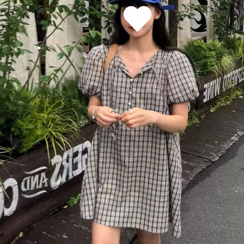 Korean Chic Summer Retro Elegant Small Age-Reducing Loose Casual Plaid Short-Sleeved Shirt Dress for Women