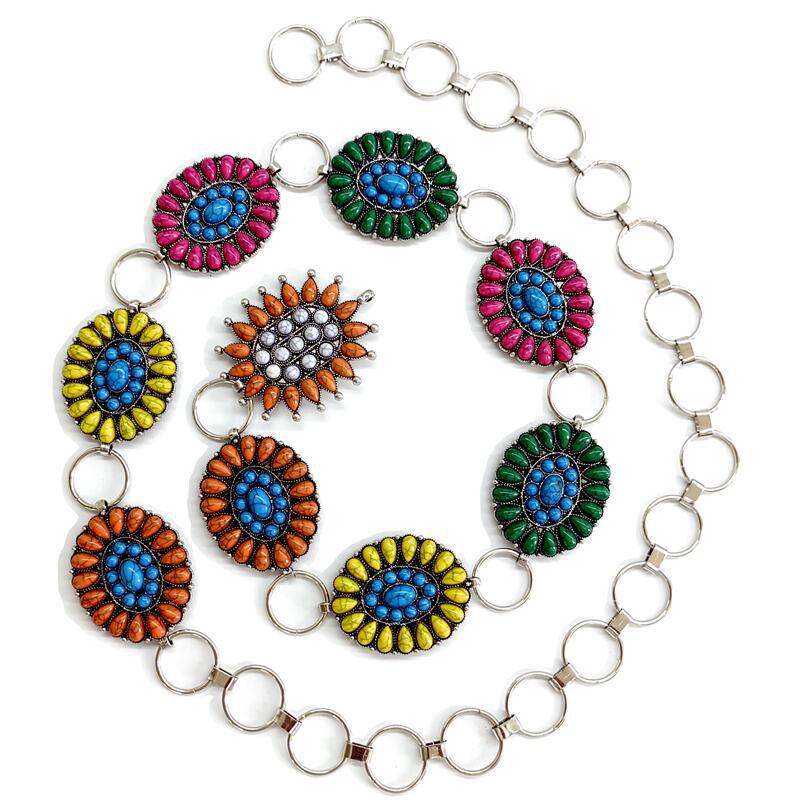 Cross-border jewelry waist chain fashion color turquoise inlay summer fashion wear metal carving mix and match series European and American style