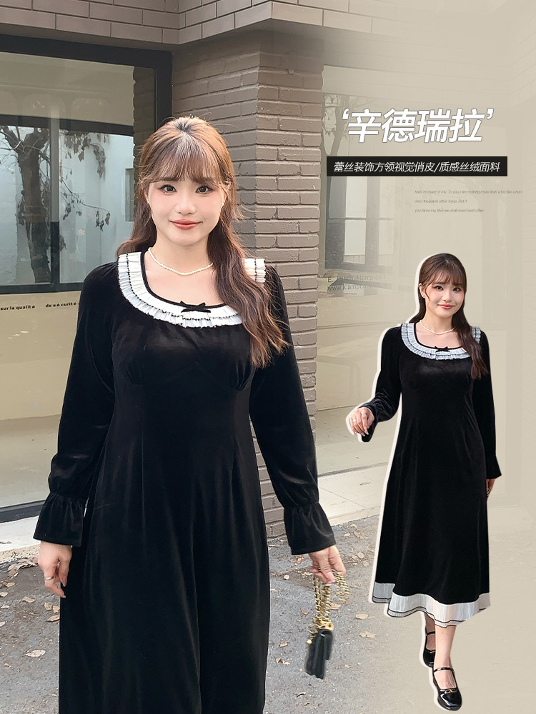 Black Hepburn Velvet dress Fall/Winter chubby girl plus size Women's Square Collar Slimming Waist Long Skirt 65121