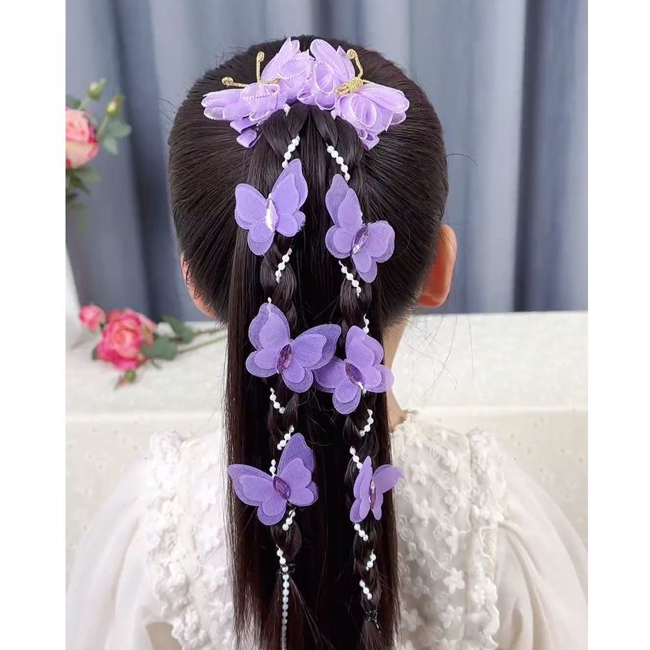 Picture of Little girl's new ancient style handmade butterfly pearl chain braided hairpin princess fairy head flower bead hair band headdress