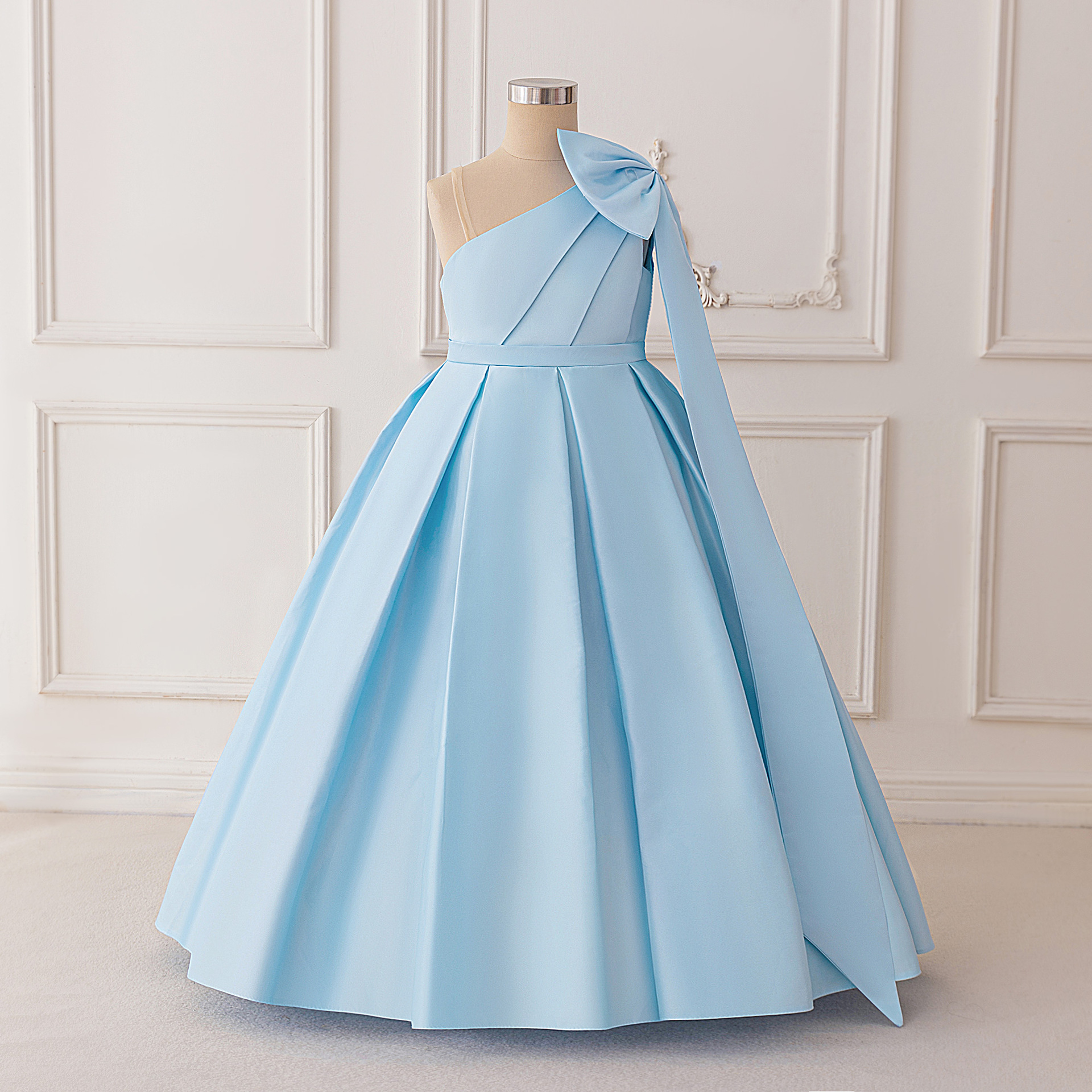 European and American New Style Big Children's Dress with One-Shoulder Large Bow Satin Long Children's Dress for Hosting Performances