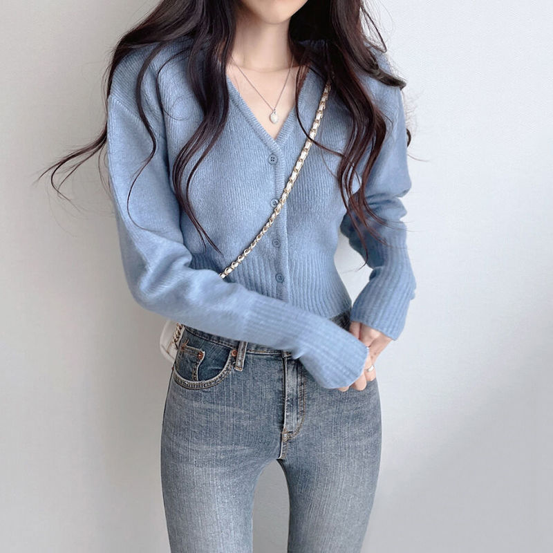 Short V-neck Knitted Cardigan Jacket Women's Sweater Early Autumn New Knitted Sweater Long Sleeve Niche Tight Waist Top Autumn
