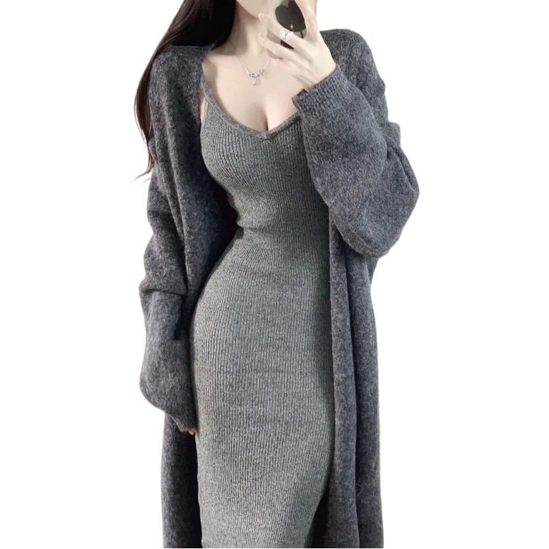 Suit women's 2023 early autumn new sexy style sweater coat mid-length cardigan for slimming sling dress