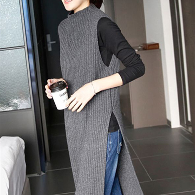 Early Autumn new women's sweater women's pullover mid-length half turtleneck split outer sweater vest vest skirt