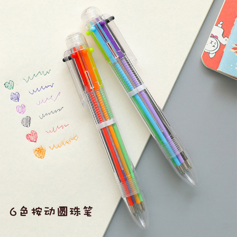 Transparent 6-color ballpoint pen six-color push color pen creative cartoon multi-color painting oil pen student stationery gift