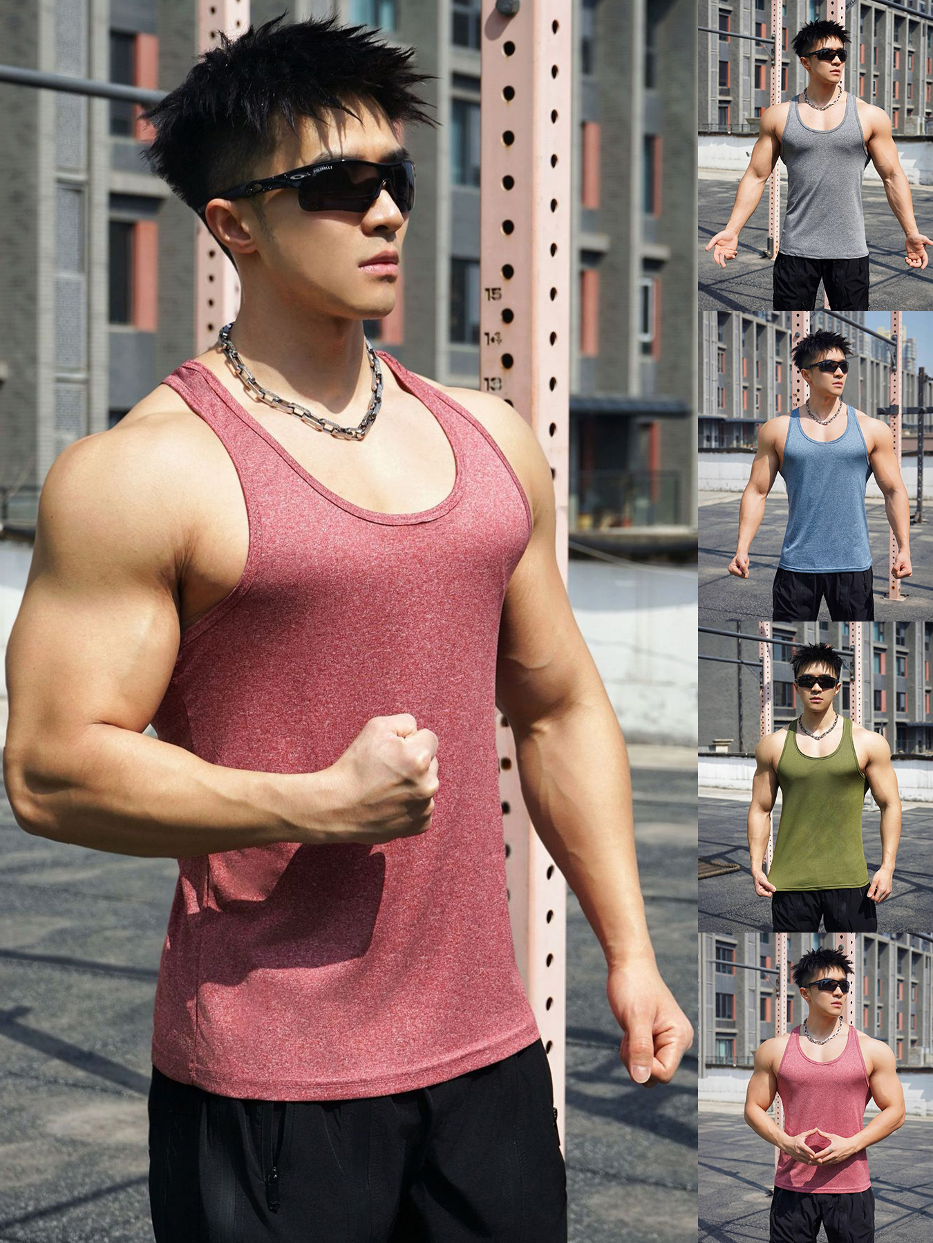 New Men's Vest Outdoor Running Training Sports Fitness Cool Silk Cotton Pit Strip Breathable Iron Solid Color Top