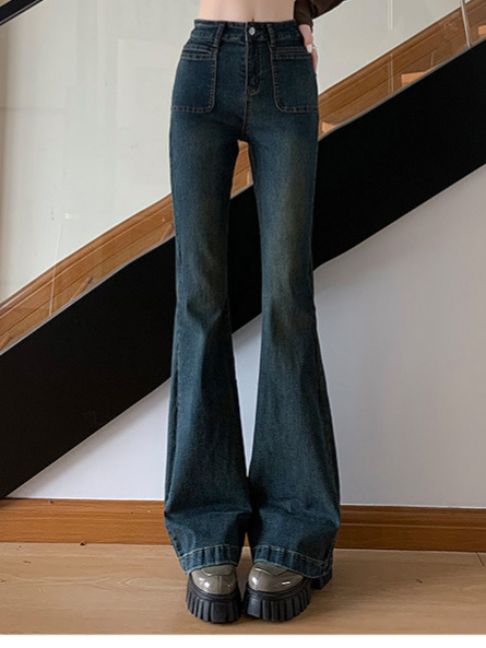 Cement gray bootcut jeans, women's high waist, retro slim size, fat MM, slim, small man floor-length flared trousers