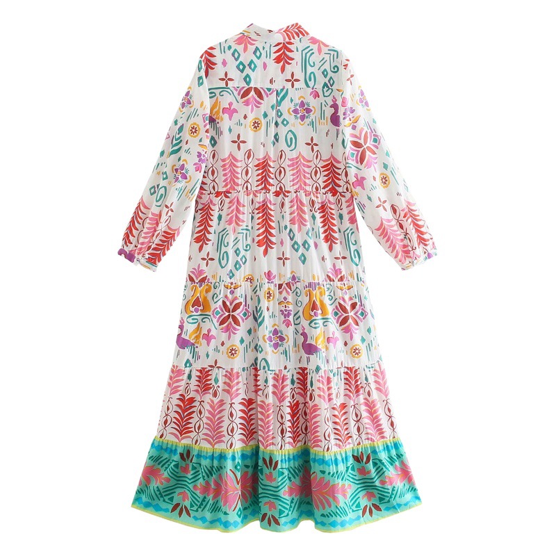 2022 Spring French Elegant Style Lapel Waist-Slimming Puff Sleeve Floral Long Lapel Dress High Waist Slimming