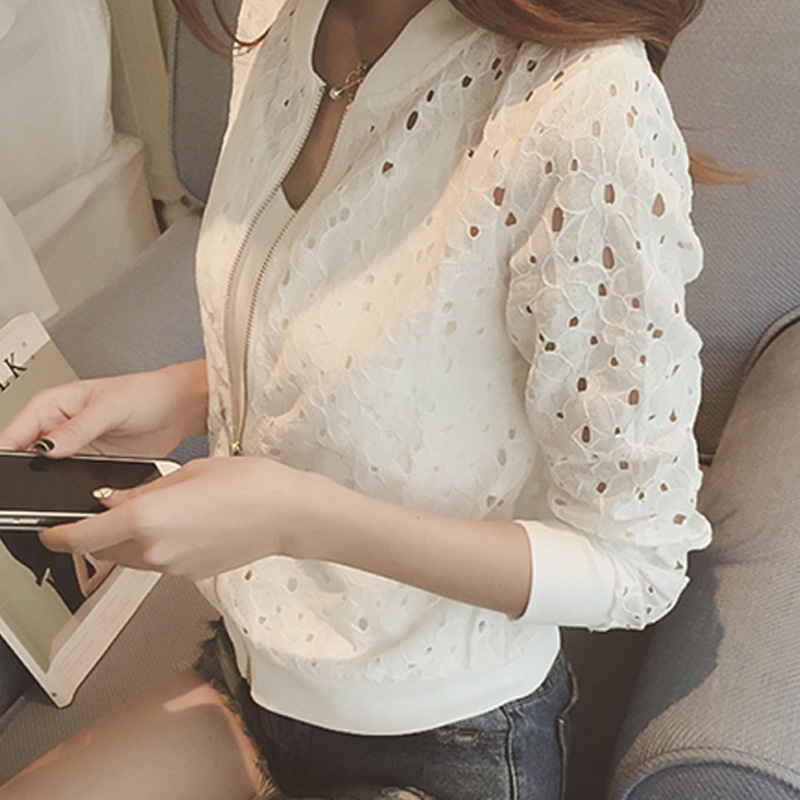 2021 Summer New Korean-style Thin Long-sleeved Lace Sunscreen Clothing Women's Short Zipper Baseball Coat