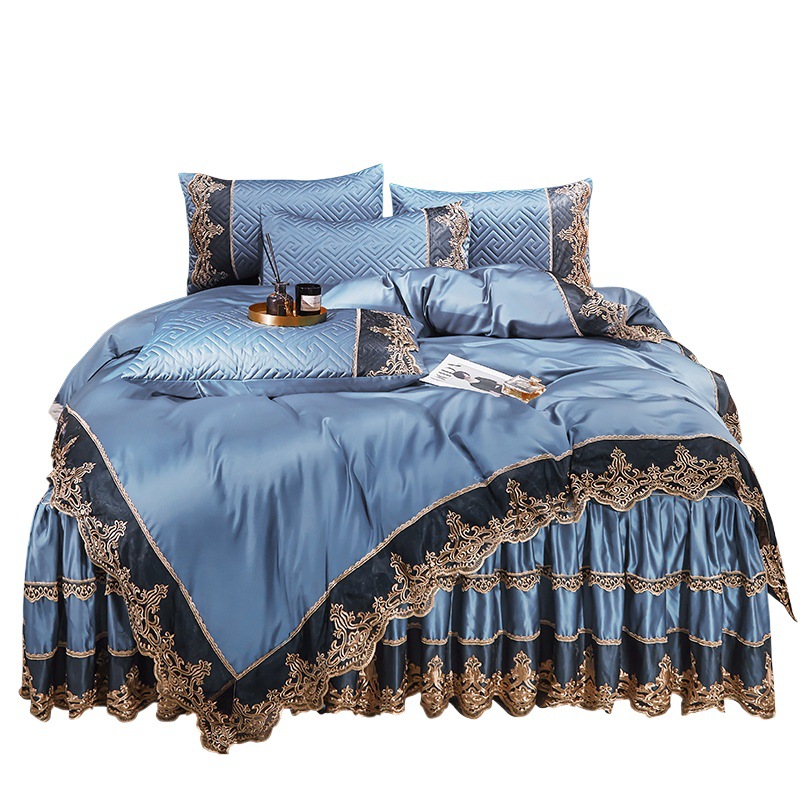 European-style Light Luxury Ice Silk Padded Bed Skirt Four-piece Set Satin Quilt Cover Bed Cover Silk Lace Bedding