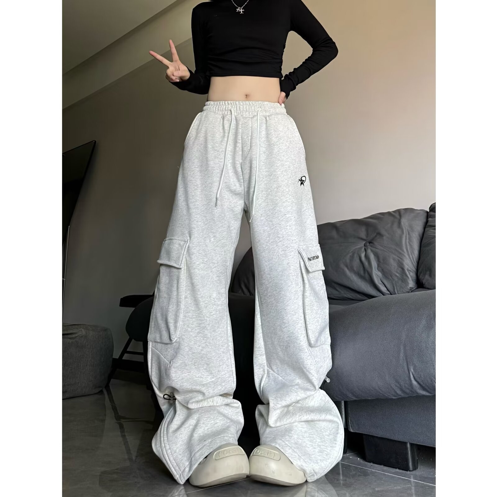 Sports Pants Women's Spring and Autumn 2024 New Loose Straight Gray Korean Casual Pants All-match Pants Harun Wei Pants in