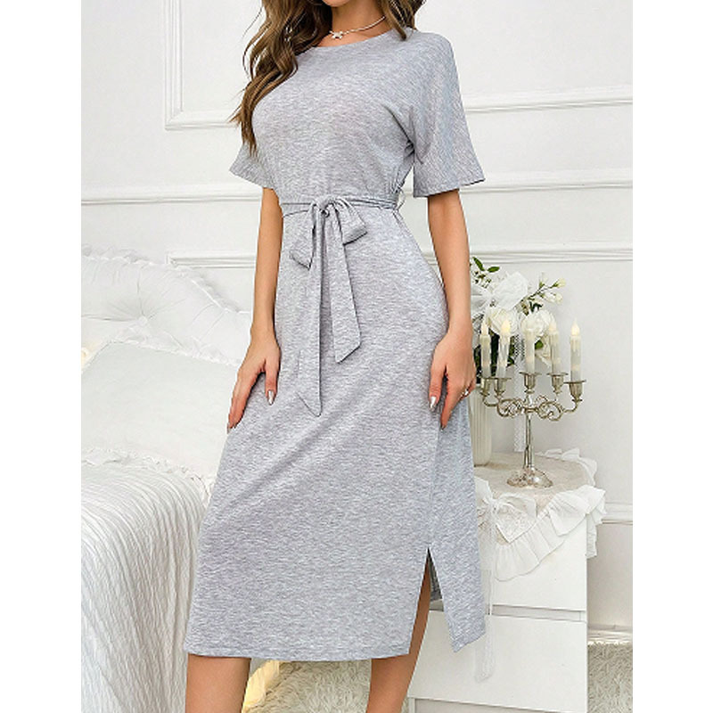 Round Neck Short-sleeved Pajamas for Women Summer New Style Strappy Waist Slimming Look Slit Mid-length Dress Home Wear Trendy