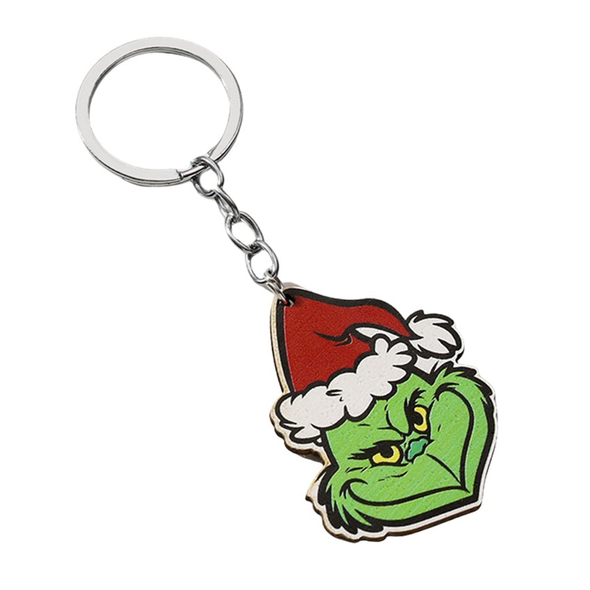 Cross-border new European and American Christmas Grinch wooden keychain green head Christmas hat pendant Grinch keychain