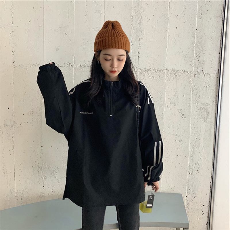 Picture of Cotton Trendy Zip-Up Sweatshirt for Women, Spring and Autumn Thin Style, 2025 New Korean Version, Striped College Style Student Top, Ins