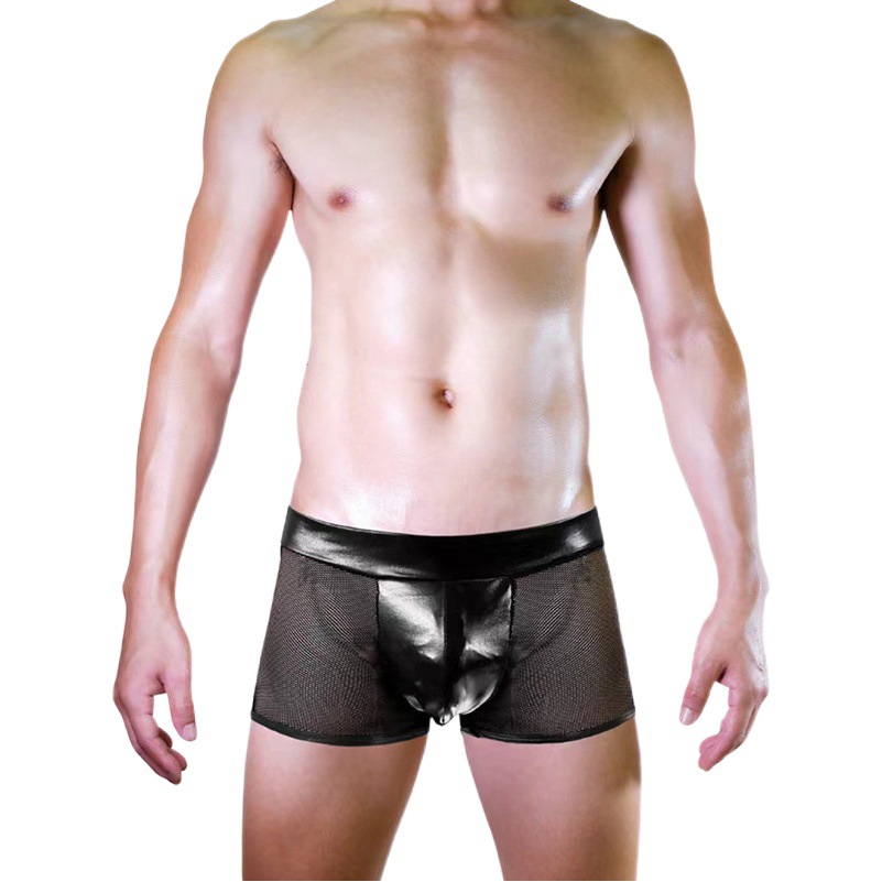 Sexy Men's Solid Color Underwear Panties Perspective Imitation Leather Strap Buckle Thong T-Pants Low Waist Passion Hollow Out