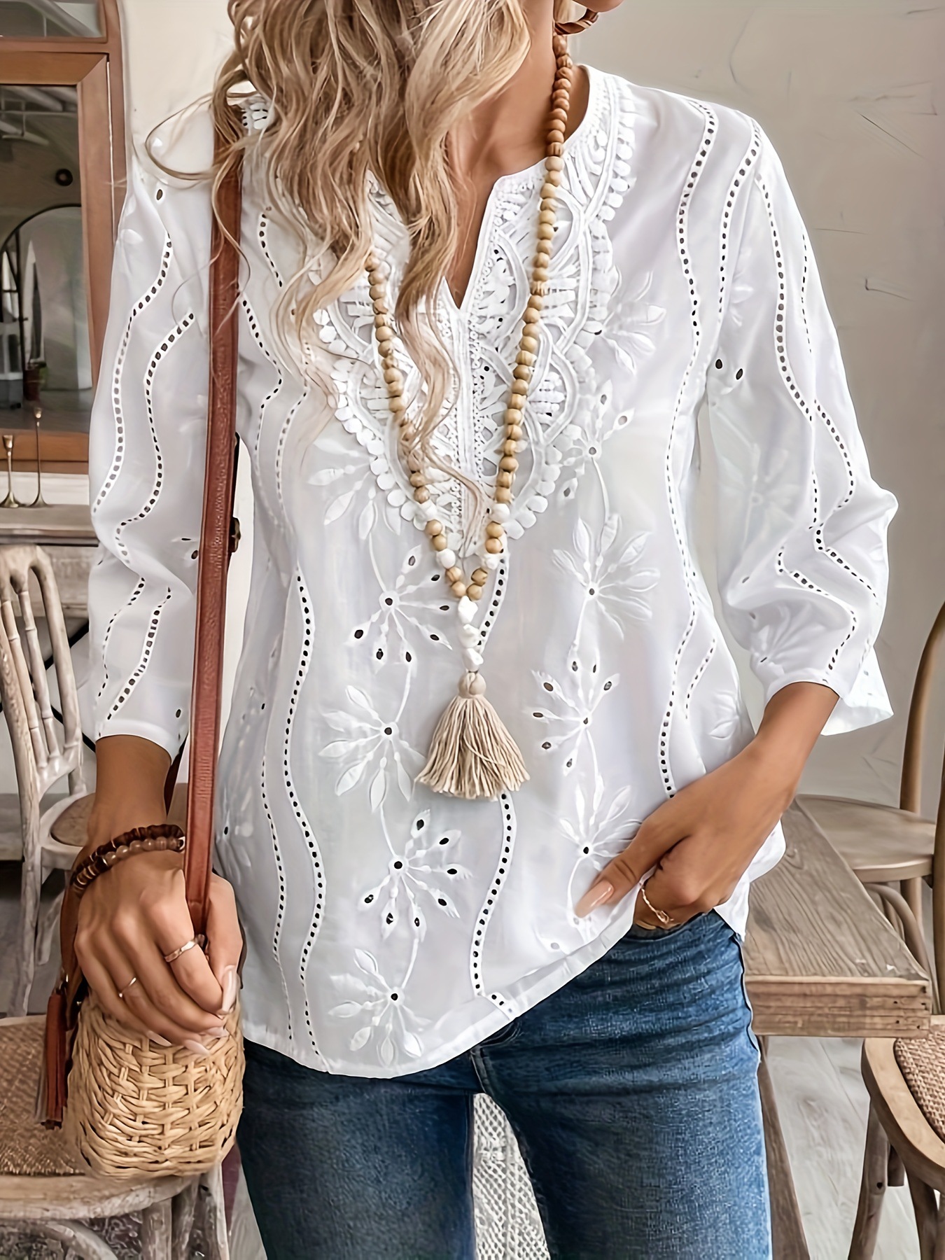 European and American Cross-border Autumn New Loosen V-neck Elegant Commuter Embroidered Horn Sleeve Lace Top Chiffon Shirt