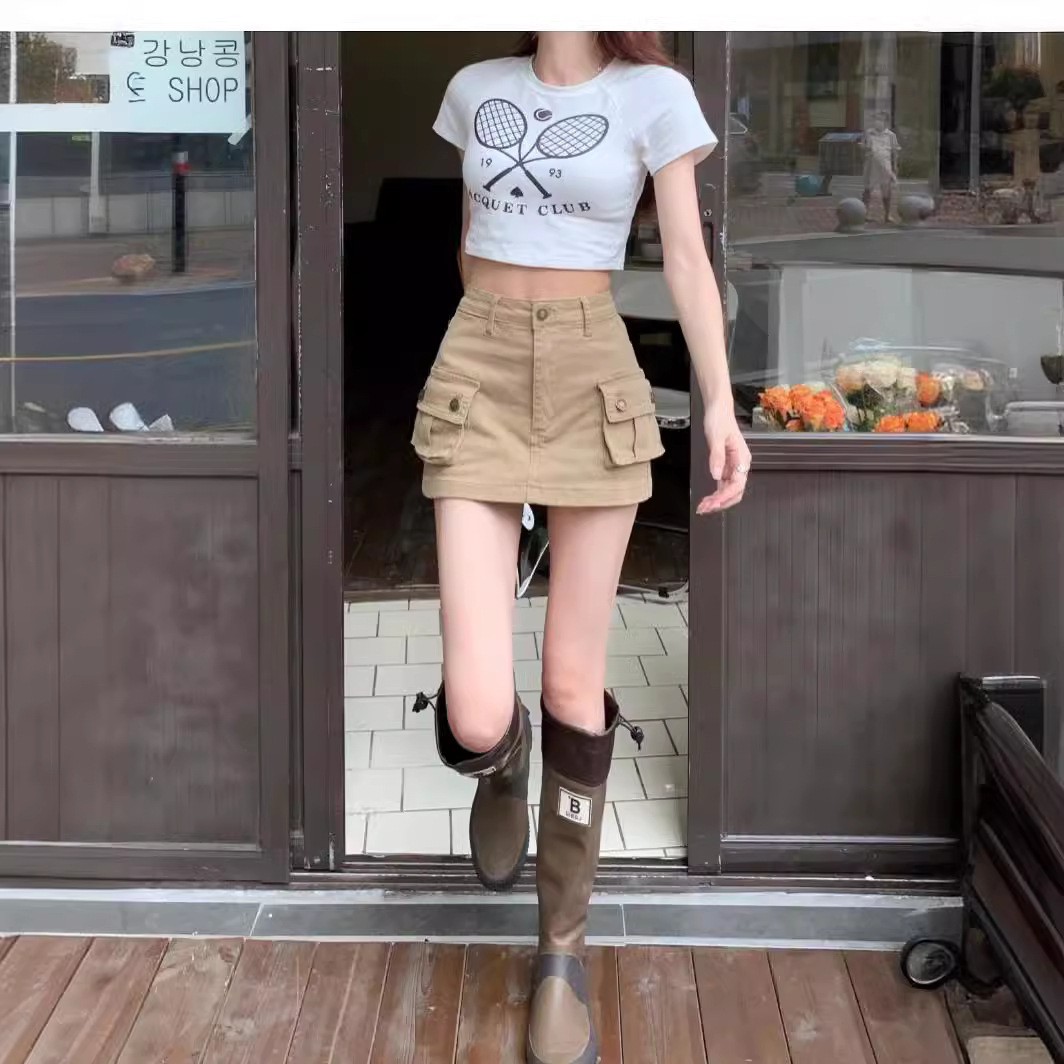 2023 Summer Spice Girl Anti-Shine Denim Khaki Cargo Skirt Slimming American Skirt High-Waisted A-Line Short Skirt