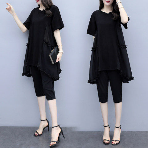 Large Size Women's 2023 Summer New Style Western Style Casual Suit for Chubby Sister Belly Covering Age-reducing Fashionable Slimming Two-piece Suit