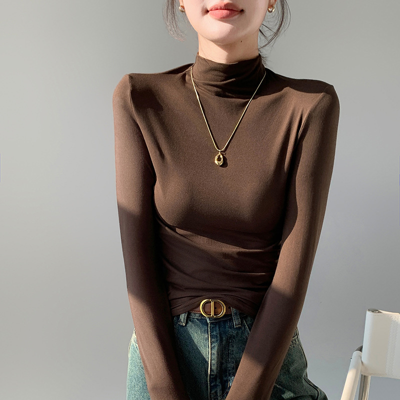Picture of H528 Half-high Collar Mask Shirt Women's Inner Wear Autumn and Winter Sanding Base Shirt Slim-fit Warm Outer Wear Long-sleeved T-shirt Top