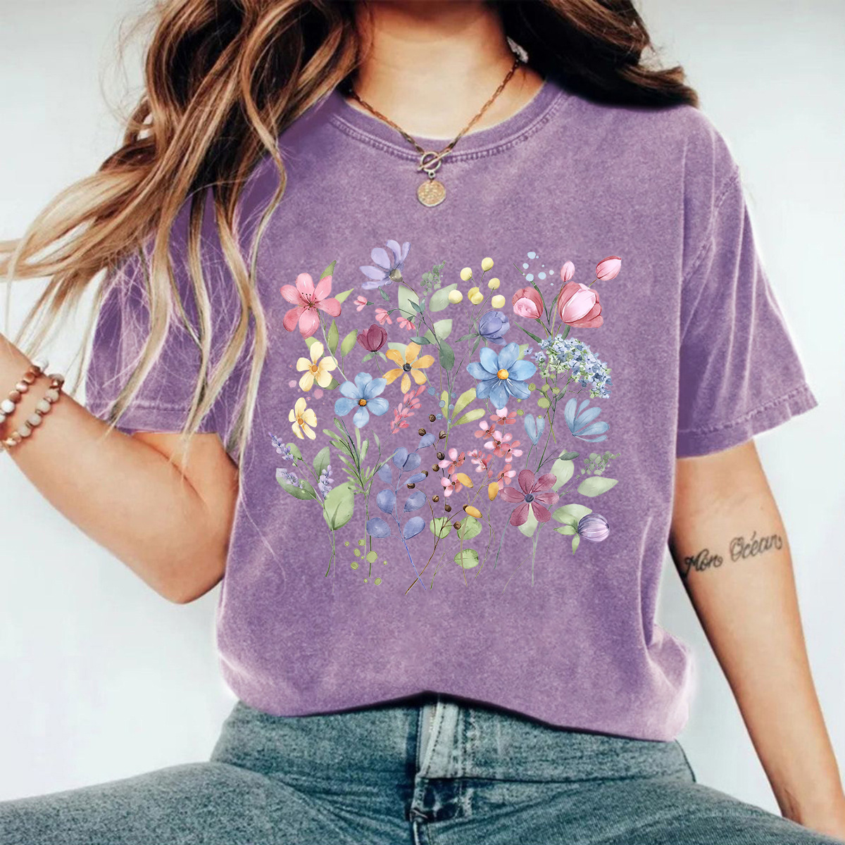 Picture of European and American Casual T-Shirt Pure Cotton Washed Old Floral Cross-Border Round Neck Short-Sleeved Ready-Made Tops for Women Export Orders