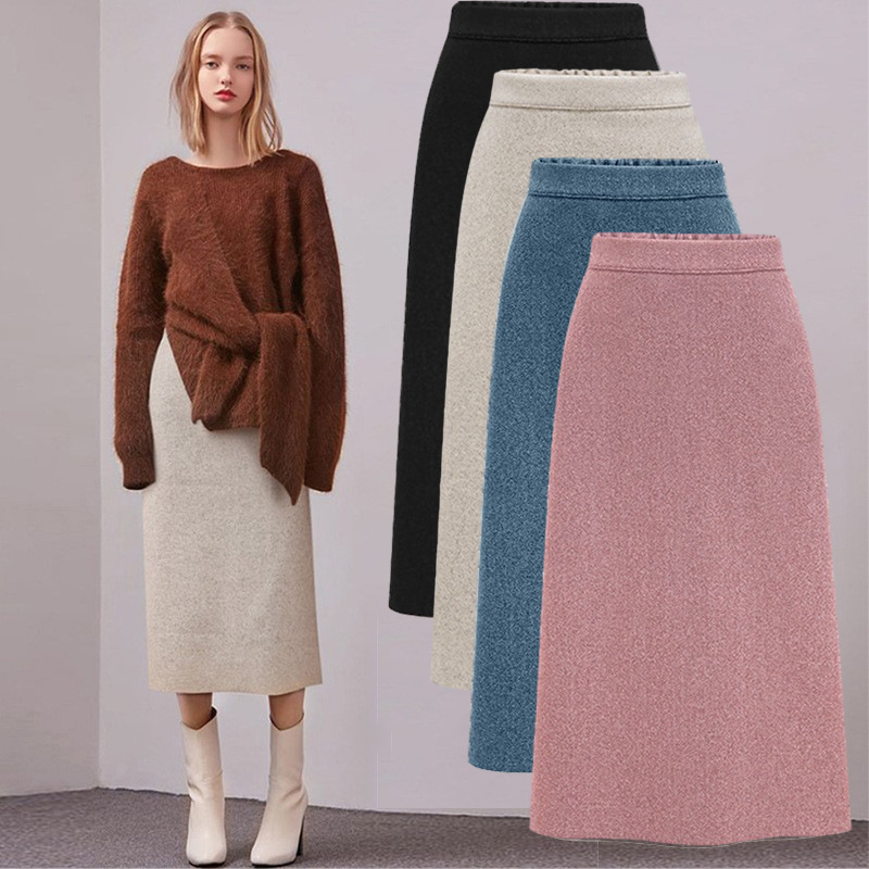 Wool Woolen Half-length Skirt Women's Autumn and Winter New Vintage High Waist Slim-fit Hip Skirt Mid-length A- line Skirt for Women