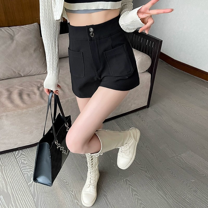 Hot Pants Solid Color Slimming Year Casual Shorts Women's Summer All-match Trendy 2024 Double Pocket Season Korean Style Wide Leg Black New Arrival