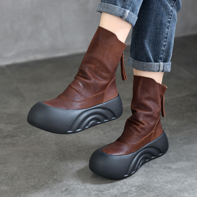 High-Definition Fire Cowhide Thick-Soled Boots, Retro Color-Rubbed Back Zipper Inverted Boots, New Autumn and Winter Genuine Leather Short Boots