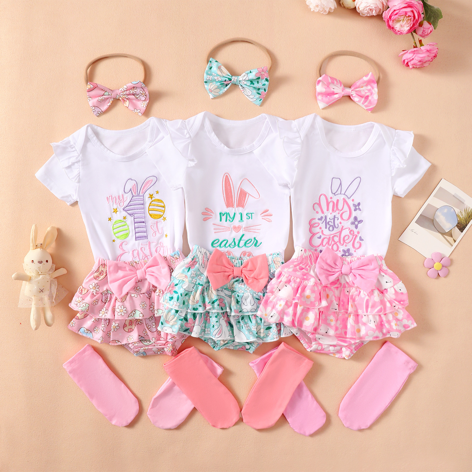 Cross-border Children's Summer Valentine's Day Easter Series Embroidered Hare Dress Flower Dress Hair Circle Socks Four-piece Set