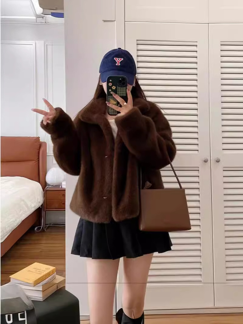 Cross-border imitation gold mink velvet fur coat fur one-piece stand collar short women's fur coat new product