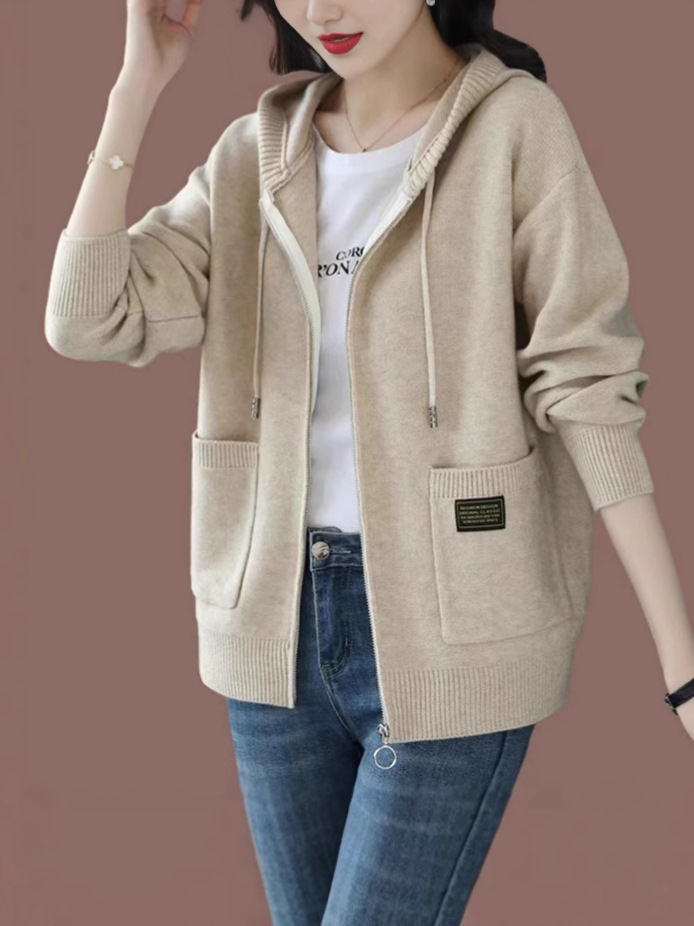 Hooded Sweater Coat Women's 2024 Spring and Autumn New Casual Loose Outer Jacket Fashion Zipper Knitted Cardigan Trendy