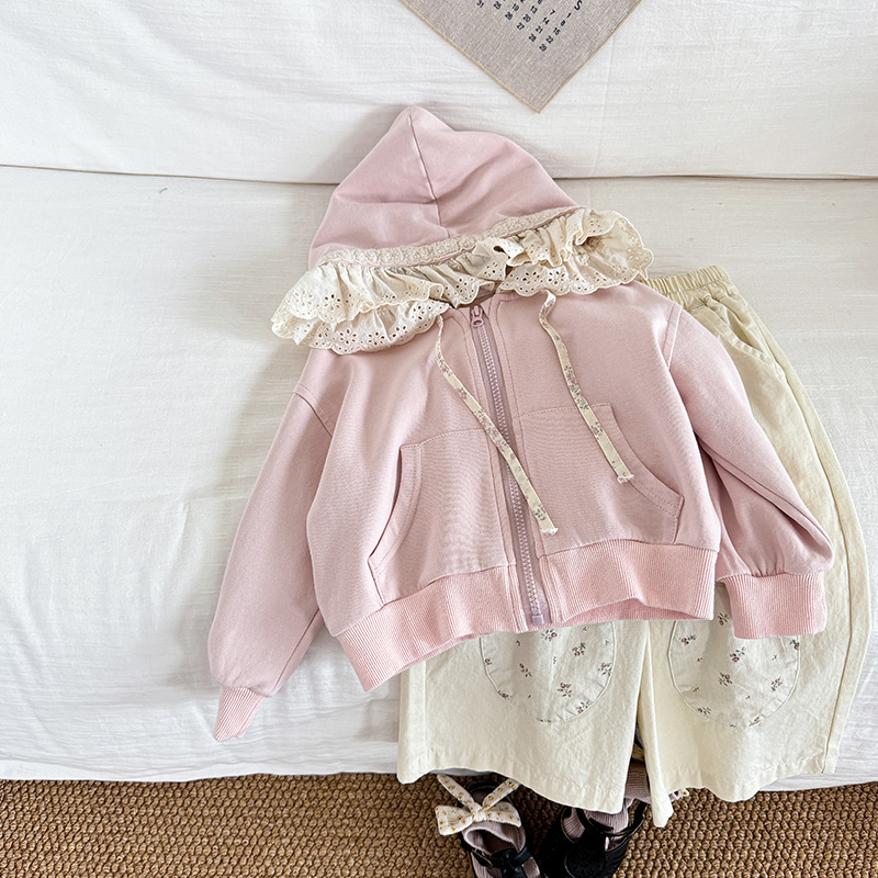 Picture of Girls Korean Style Outwear 2025 New Kidsren's Spring & Fall Pastoral Cute Versatile Hooded Lace Knitted Sweatshirt