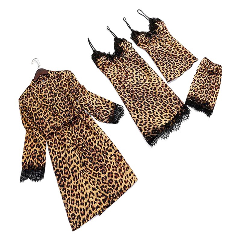 Wholesale new pajamas women's four-piece set Ice Silk sexy European and American leopard slip skirt shorts two-piece set home clothes