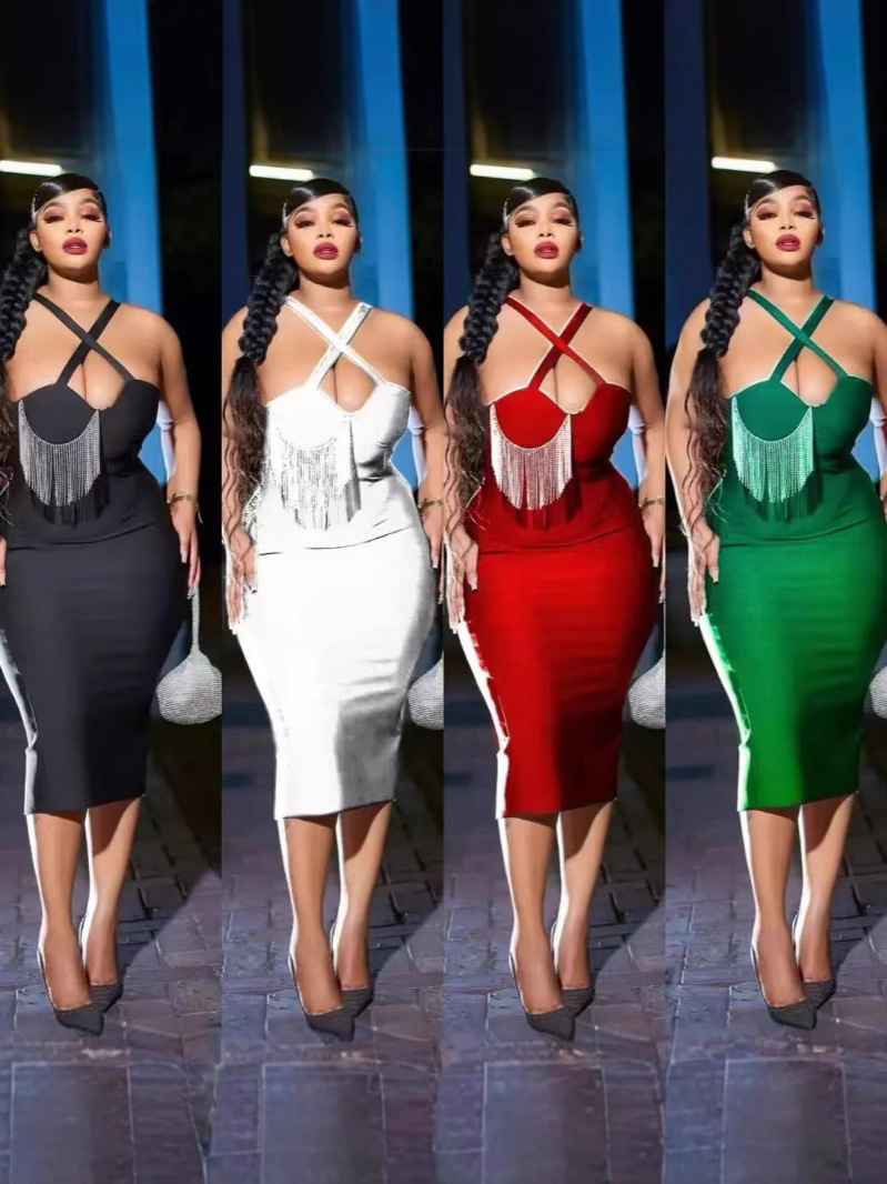 2024 New European and American Fashion Amazon Milk Silk Halter Tassel Party Dress Mid-Length Dress for Trendy Girls